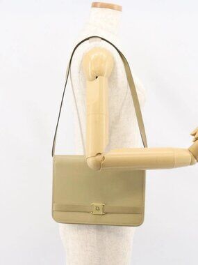 Christian Dior Shoulder Bag Leather Beige Gold